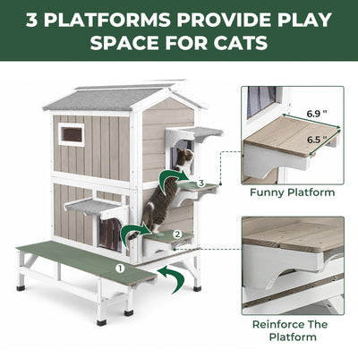 2-Story Insulated Wooden Cat House with Balcony & Open Roof - PET73-TI