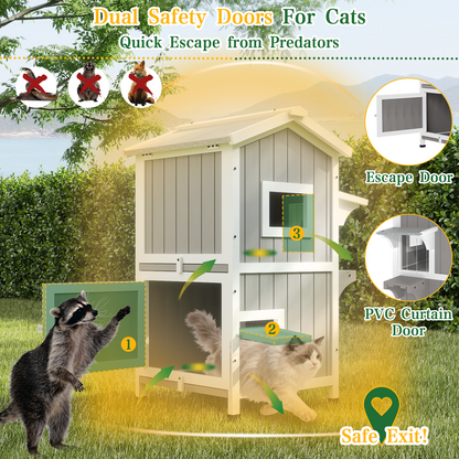 Two-Story Wooden Feral Cat Shelter with Asphalt Roof-04-GREYWHITE
