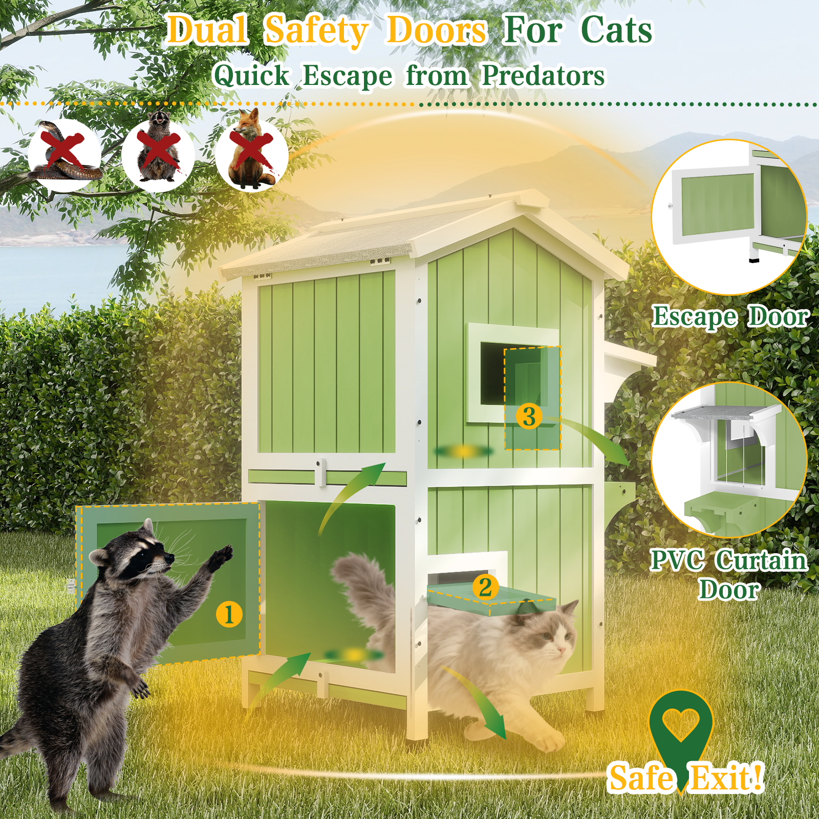 Outdoor Two-Story Weatherproof Wooden Feral Cat Shelter-04-GREENWHITE
