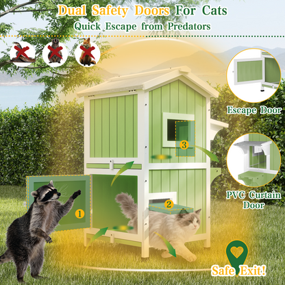 Outdoor Two-Story Weatherproof Wooden Feral Cat Shelter-04-GREENWHITE