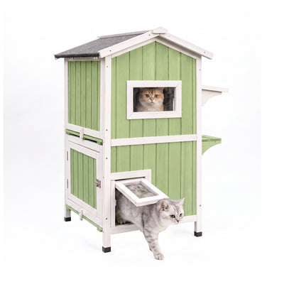 Outdoor Two-Story Weatherproof Wooden Feral Cat Shelter-04-GREENWHITE