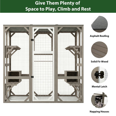 PETSCOSSET 71″ Catio Outdoor Cat Enclosure Large Wooden Cat House with 5 Platforms for Multiple Cats,Wood