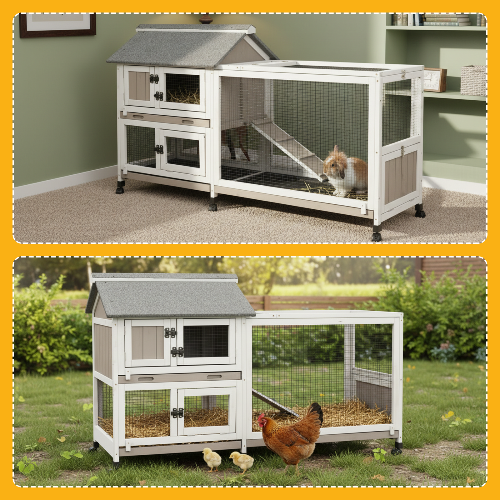 PETSCOSSET Rabbit Hutch Outdoor Indoor Bunny Hutch with Run 2-Story Large Rabbit Cage on 6 Wheels, 3 Leak Proof Trays, Ramp, Waterproof Roof for Small to Medium Animals, Expandable Design