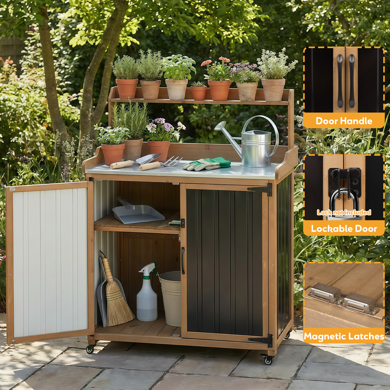 Mobile Potting Bench & Storage Cabinet with Lockable Wheels-GF40