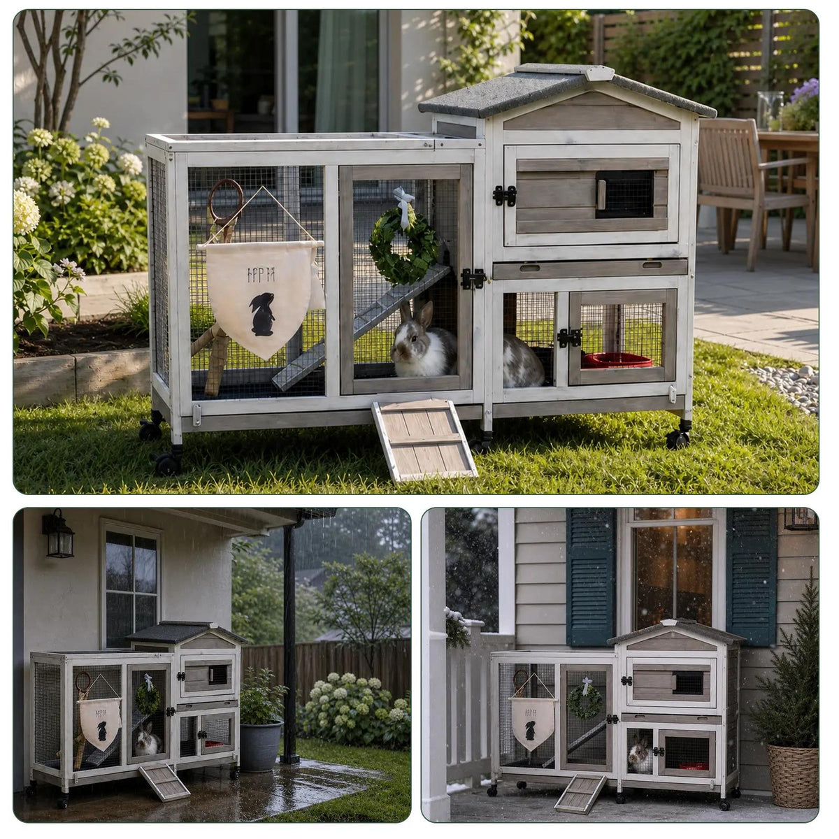 PETSCOSSET Rabbit Hutch (55.3"L) - 2-Story, Wheels & 3 Trays - RAB14