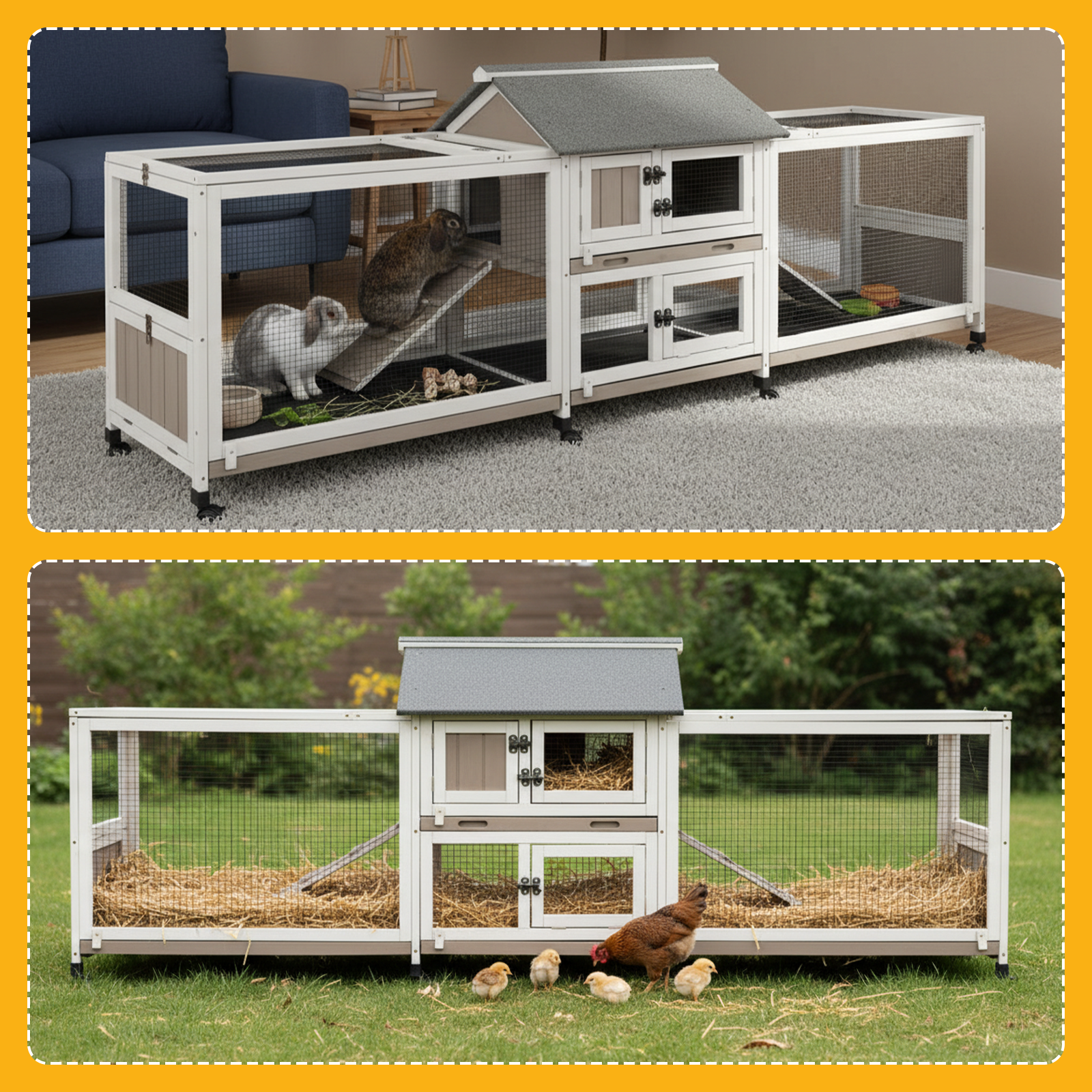 Large Outdoor Wooden Rabbit Hutch with Double Runs & Wheels-PET81