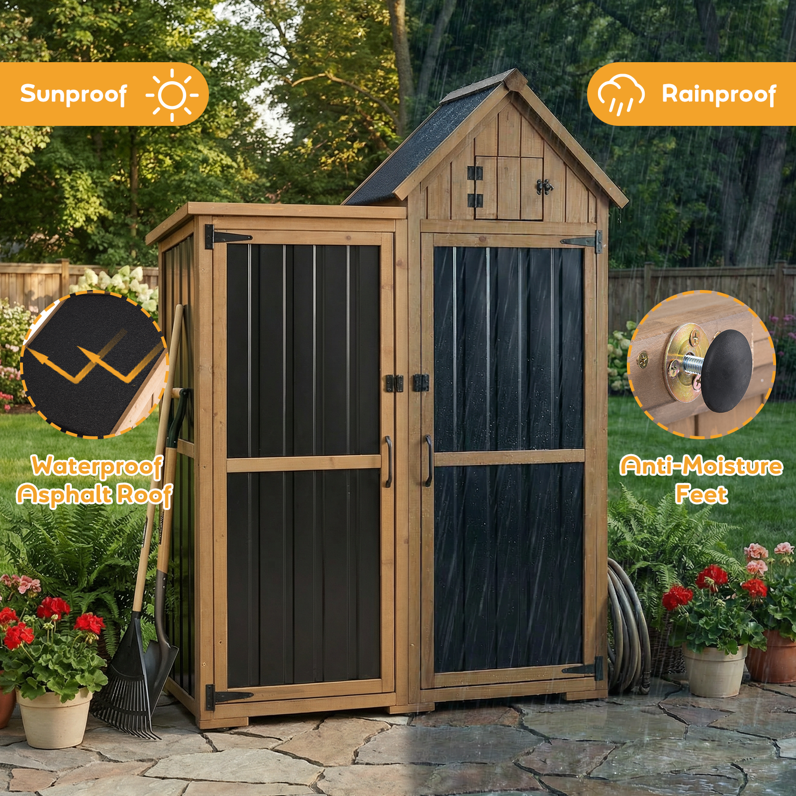 Outdoor Storage Cabinet, Wood & Metal Garden Shed with Lockable Doors-GF41