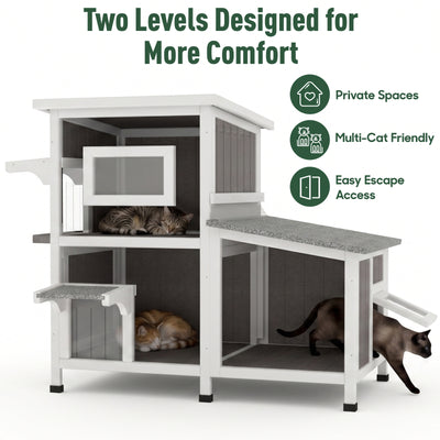 2-Story Weatherproof Wooden Cat House with 3 Escape Doors - PET19