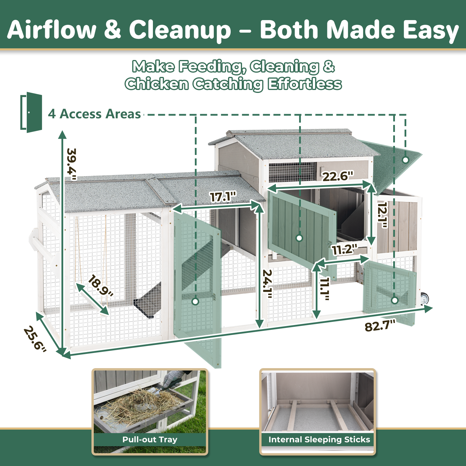 Large Weatherproof Mobile Chicken Coop with Run, Wheels & Swing-PET83-GREYWHITE