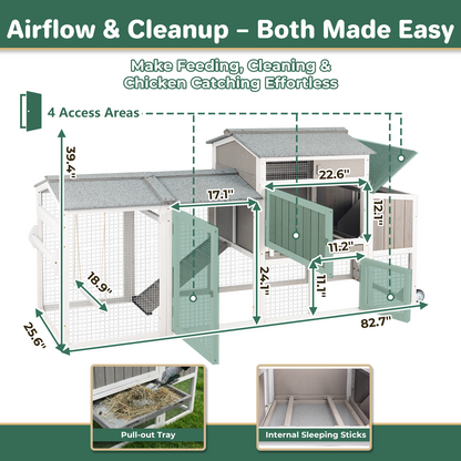 Large Weatherproof Mobile Chicken Coop with Run, Wheels & Swing-PET83-GREYWHITE