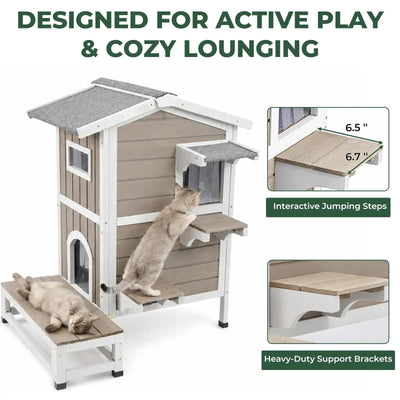 2-Story Insulated Wooden Cat House with Balcony & Escape Door- PET71-TI