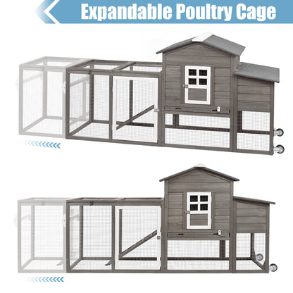 78.7 Combinable Wooden Chicken House with Wheels& Run-PET21W-GREYWHITE