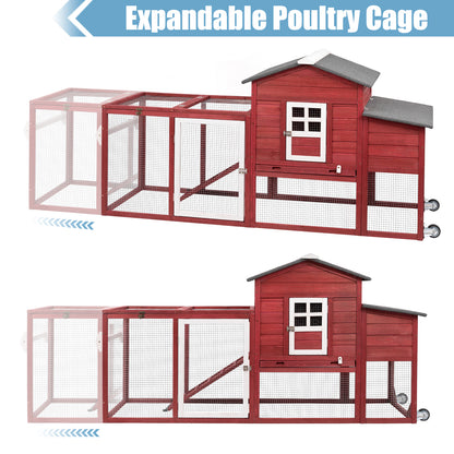 78.7″ Combinable Wooden Chicken Coop with Wheels & Run-PET21W-REDWHITE