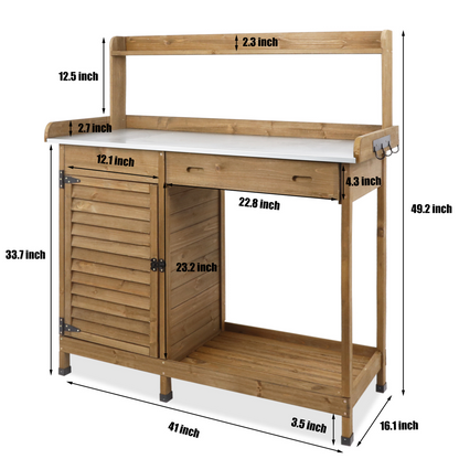 Wooden Potting Bench with Metal Tabletop, Waterproof Garden Table-Brown-GF10