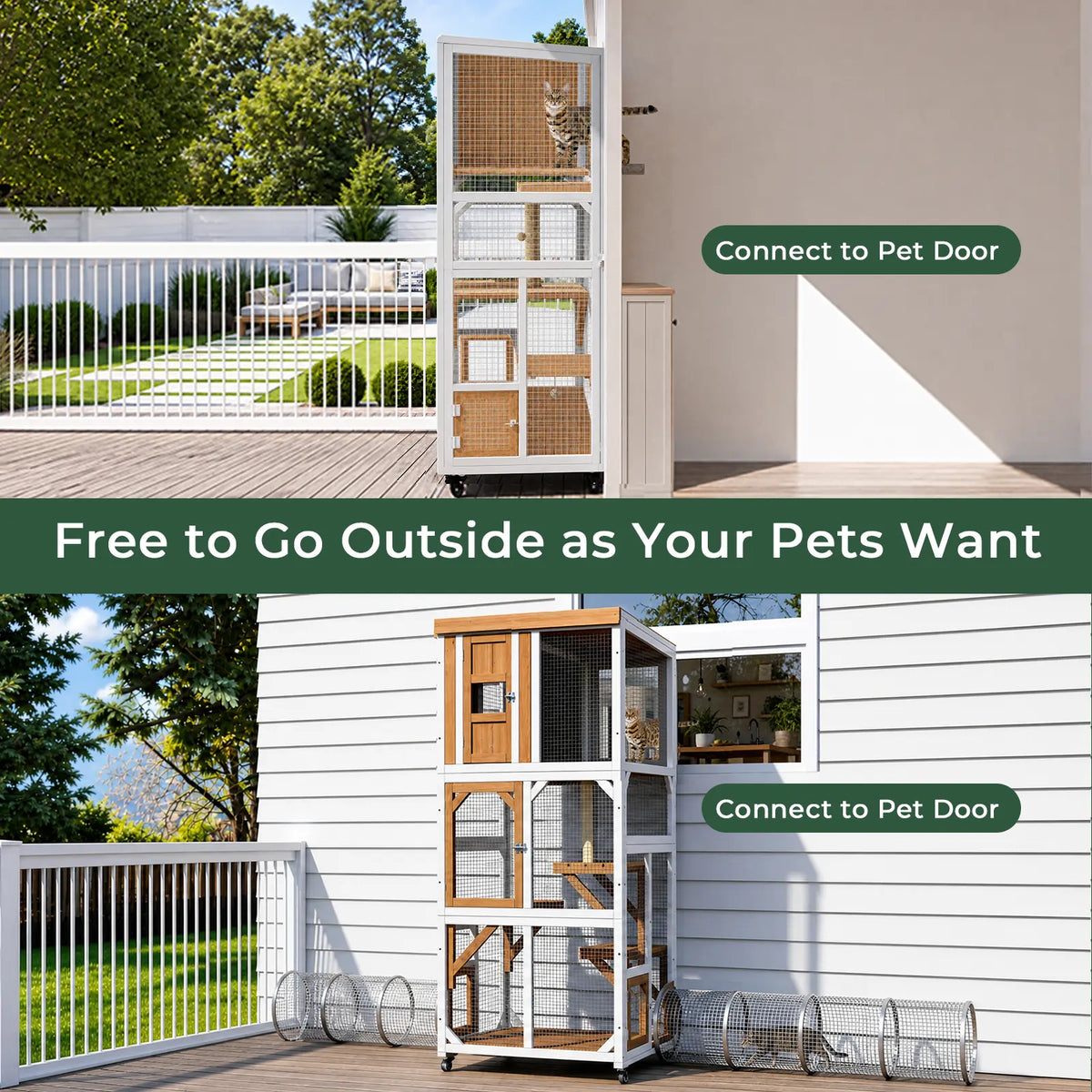 62.6" Rolling Wooden Outdoor Catio with Waterproof Roof & Window Access-PET98