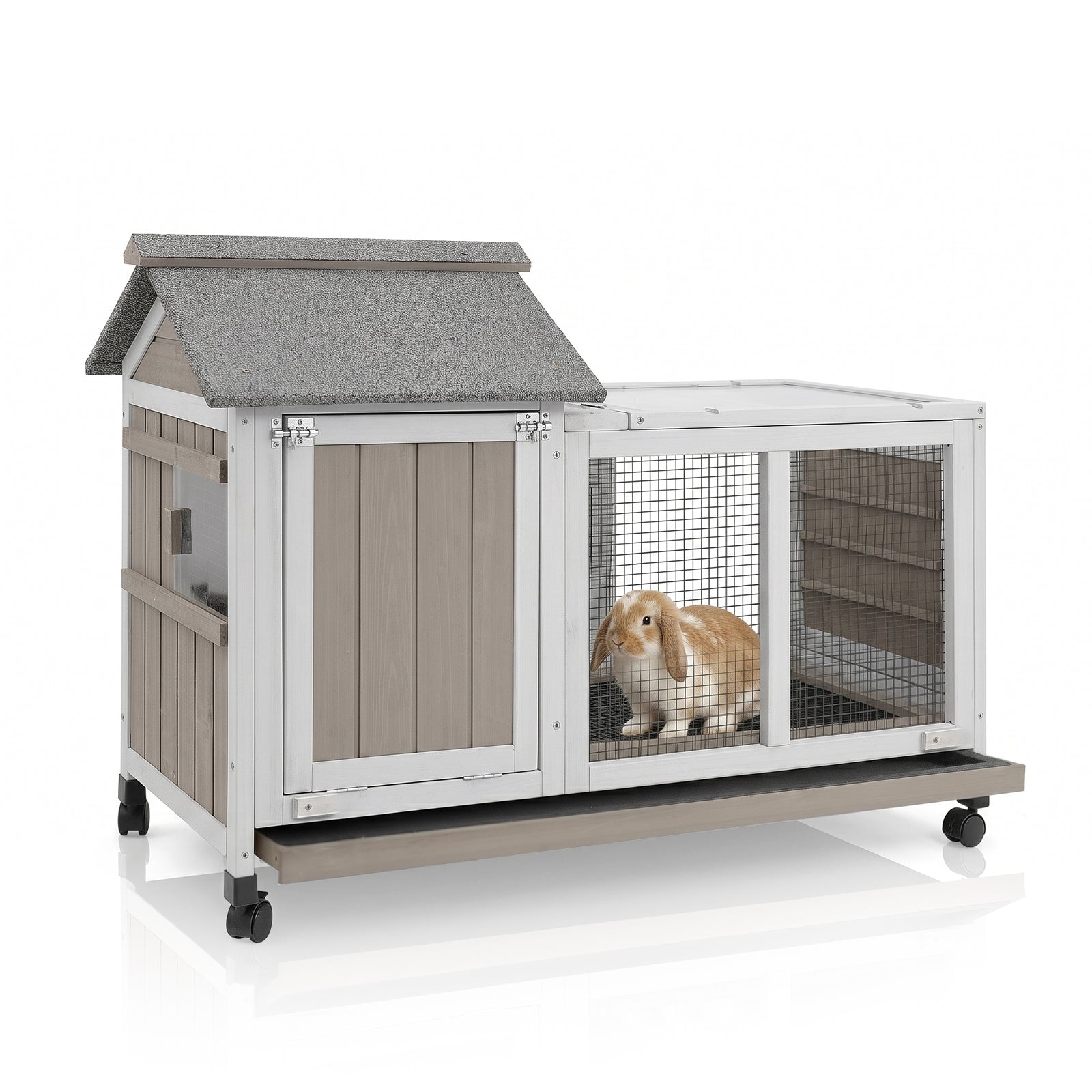 PETSCOSSET Expandable Rabbit Hutch (38"L) - 2-Story, Sunroom & Tray - PET30