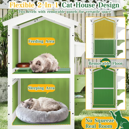 Outdoor Two-Story Weatherproof Wooden Feral Cat Shelter-04-GREENWHITE