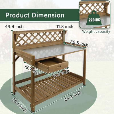 Wooden Potting Benches & Tables, W/Metal Table Top, Drawer, Bottom Shelf-GF11