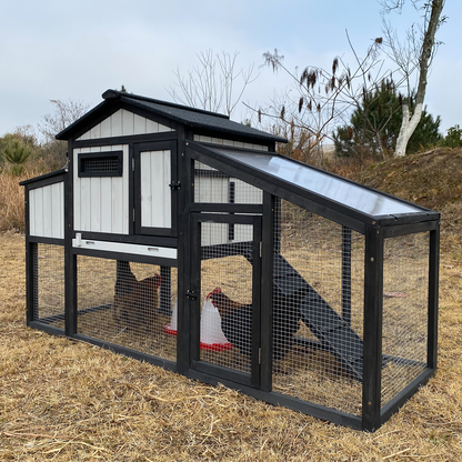65″L Wooden Hen House with Nesting Box, Run,UV Panel-PET06-BLACKWHITE