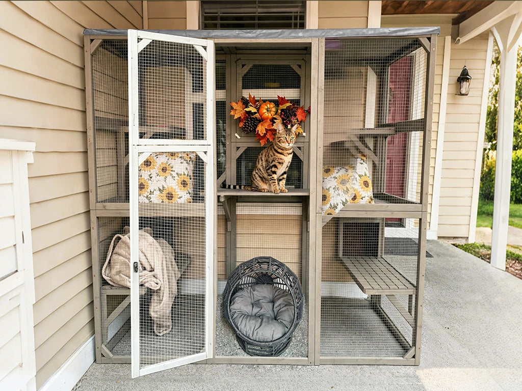 Large Solid Wood Outdoor Catio Enclosure with Platforms - PET16NEW