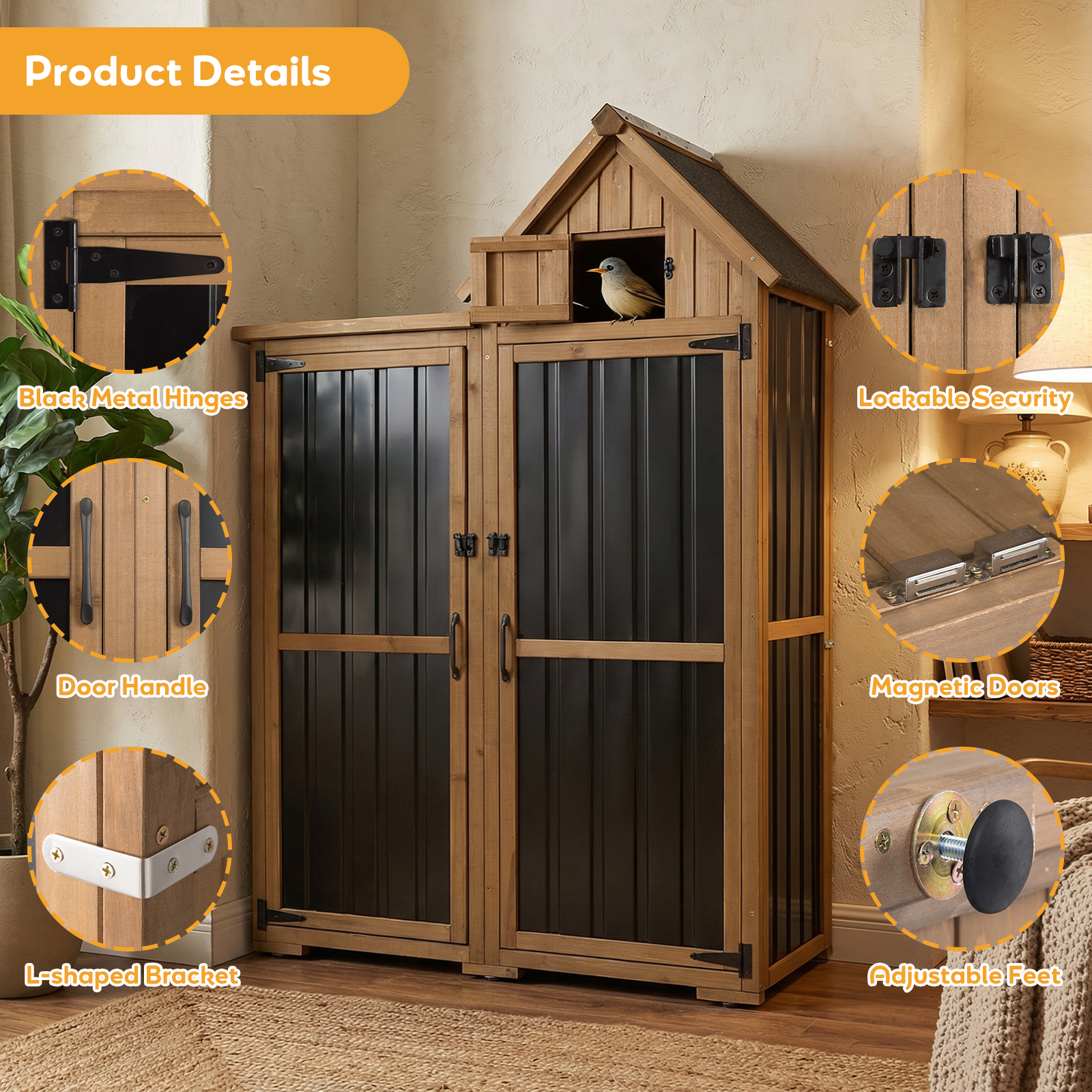 Outdoor Storage Cabinet, Wood & Metal Garden Shed with Lockable Doors-GF41