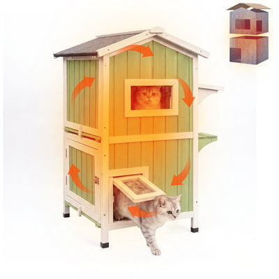 2-Story Outdoor Insulated Wooden Cat House with Escape Doors-PET04-TI-GREENWHITE