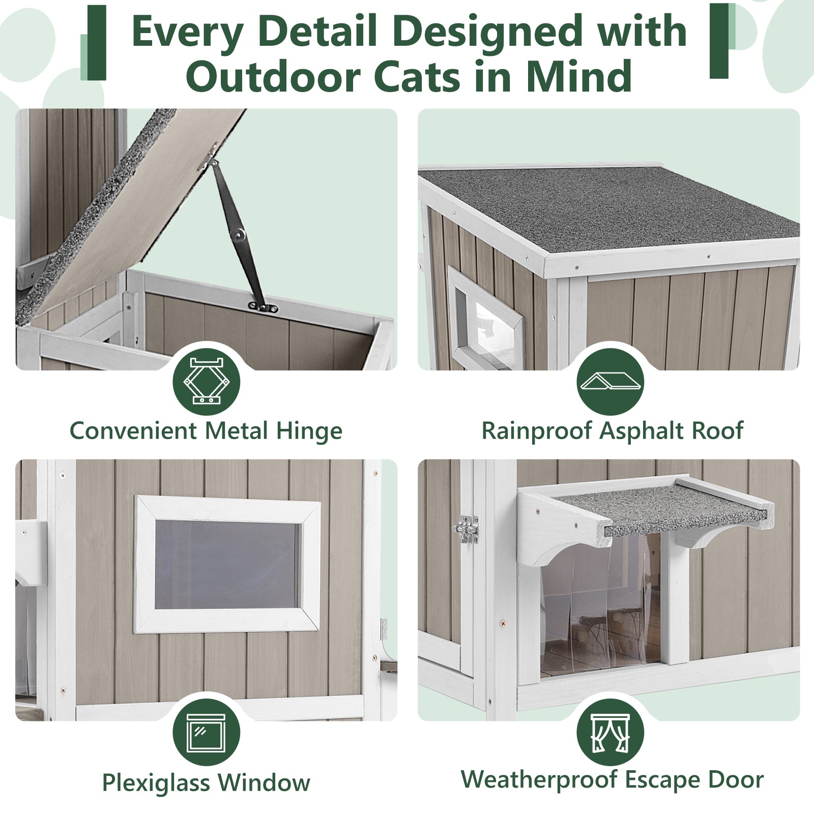 2-Story Weatherproof Wooden Cat House with 3 Escape Doors - PET19