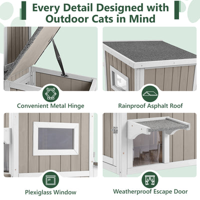2-Story Weatherproof Wooden Cat House with 3 Escape Doors - PET19