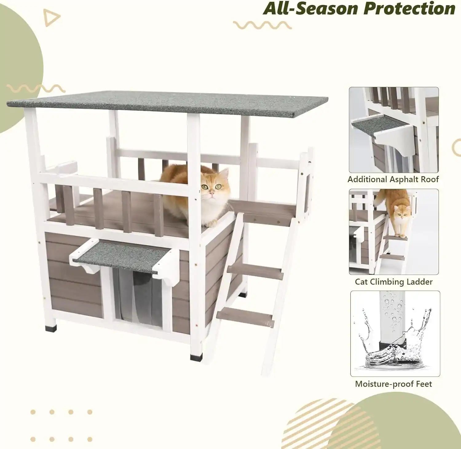 Wooden feral cat shelter with rain curtain and ladder