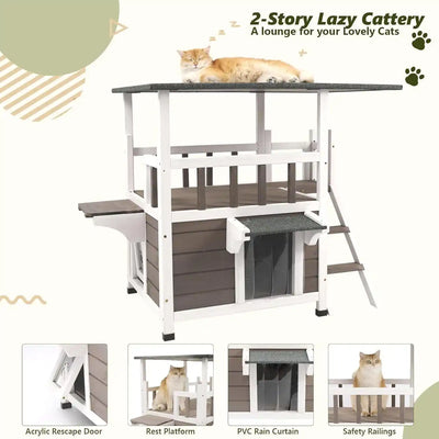 Side view of 2-story cat house in backyard