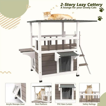 Side view of 2-story cat house in backyard