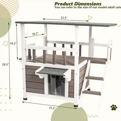 Cat resting inside top level of wooden shelter