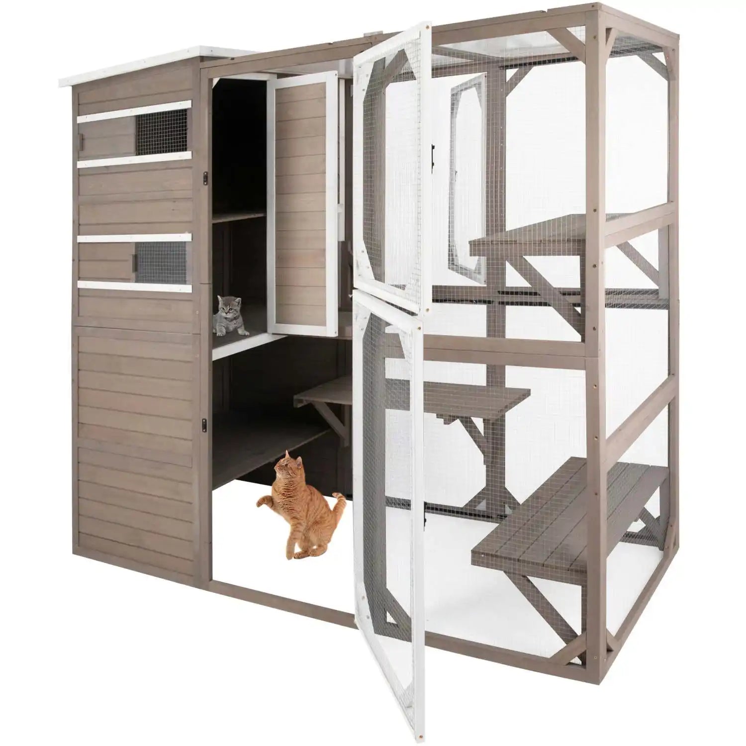 PETSCOSSET Catio Outdoor Cat Enclosures Wooden Cat House Weatherproof with Multi Platforms, Gray