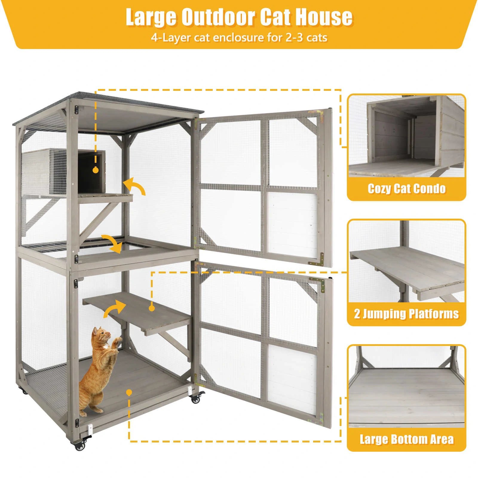 Brown wooden cat enclosure placed on patio