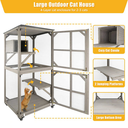 Brown wooden cat enclosure placed on patio