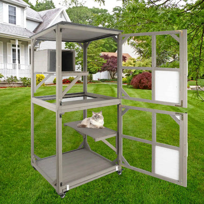 Rear view of brown cat enclosure in garden