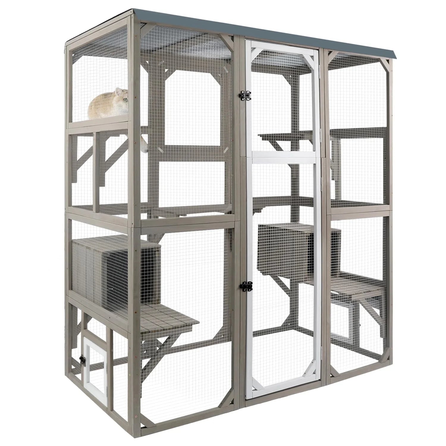 PETSCOSSET Catio Outdoor Cat Enclosure Large Wooden Cat House with Platforms, Gray