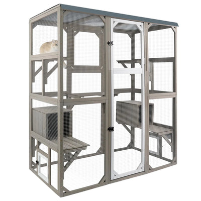 PETSCOSSET Outdoor Cat Catio Enclosures Large Wooden Cat House Patio for Indoor Cats Feral Cat Shelter with 2 Espace Doors, 2 Resting Rooms, 5 Platforms, Removable Waterproof Cover 67.7" H
