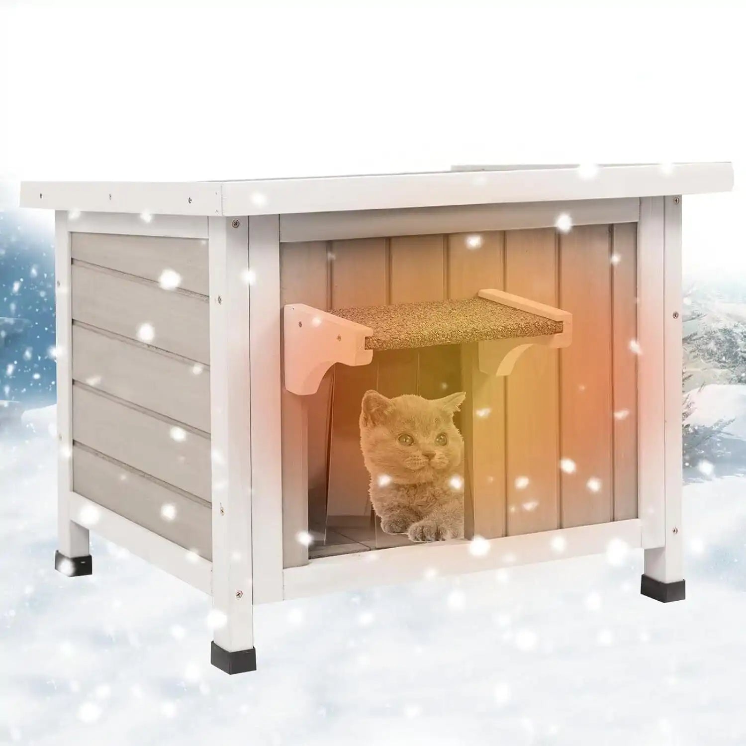 PETSCOSSET insulated outdoor cat house in grey and white – front view