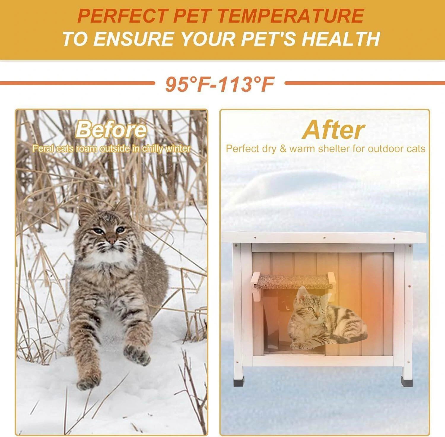 Side view of raised small cat house for outdoor use