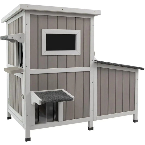PETSCOSSET Outdoor Cat House 2 Story with 3 Escape Doors, Feral Cat Ho