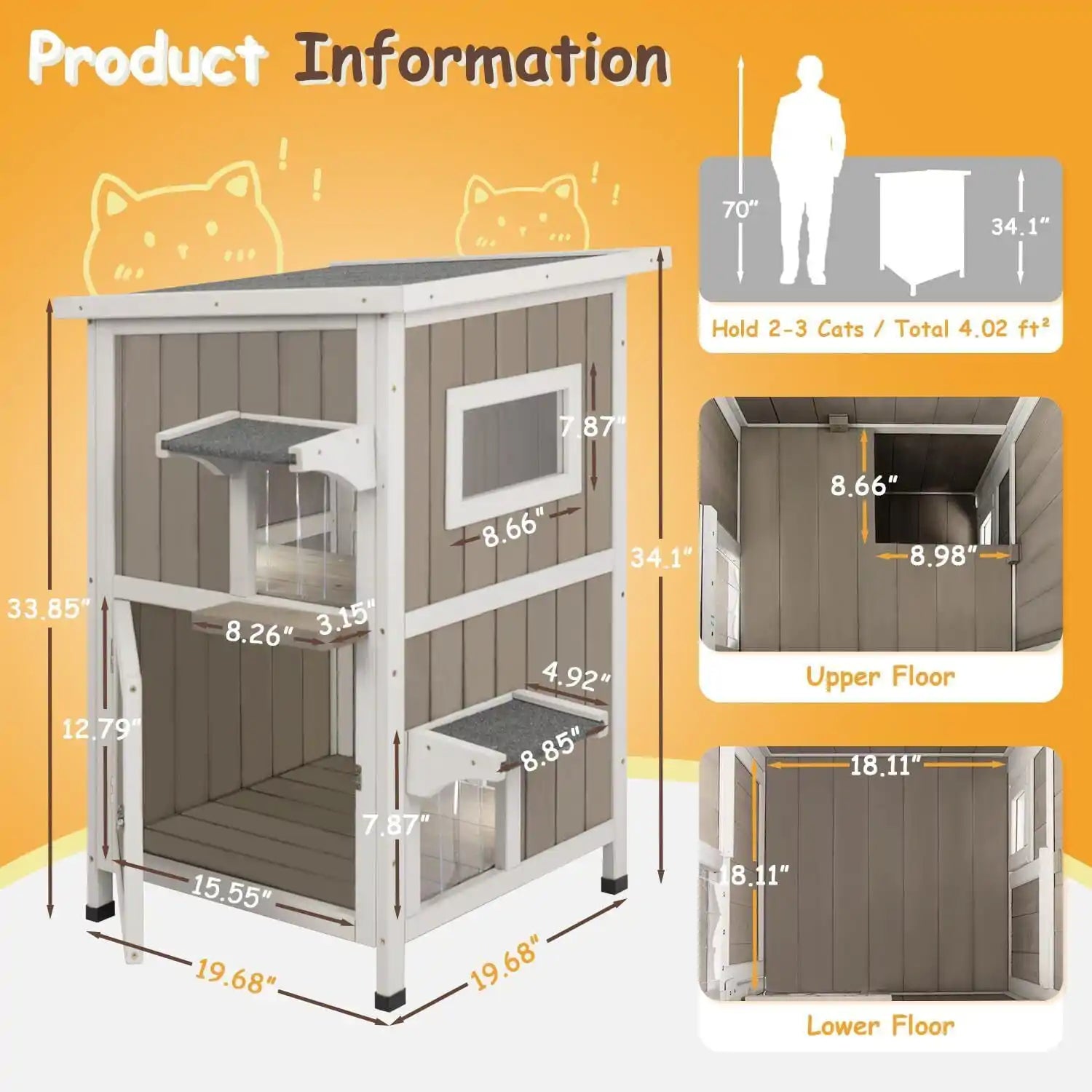 Two-story grey cat shelter with asphalt roof