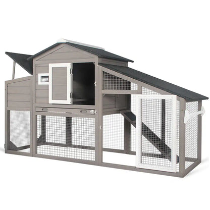 PETSCOSSET Wooden Chicken Coop with Run Indoor & Outdoor 2 Story Poultry Cage, for 2-3 Chickens, Grey
