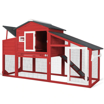 PETSCOSSET Chicken Coop with Run Wooden Backyard Hen House Indoor & Outdoor 2 Story Poultry Cage with Nesting Box for 2-3 Chickens,Red