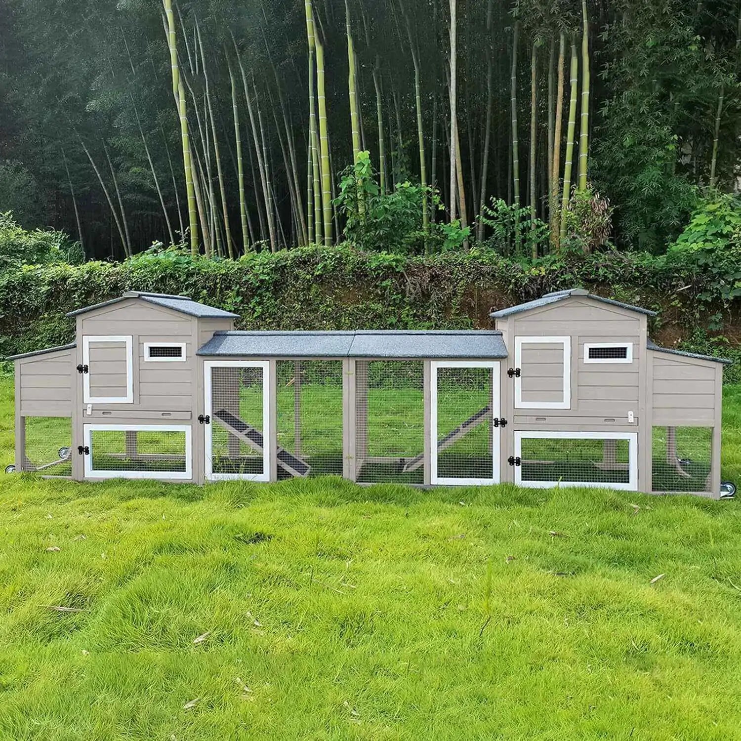 Side view of outdoor coop with integrated run area