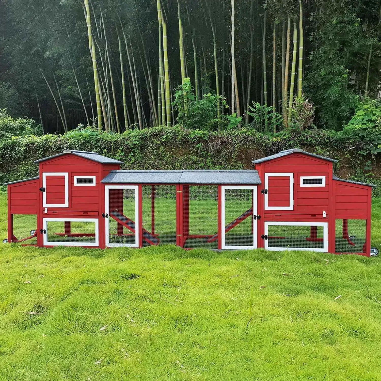 Grey wooden chicken coop with openable roof
