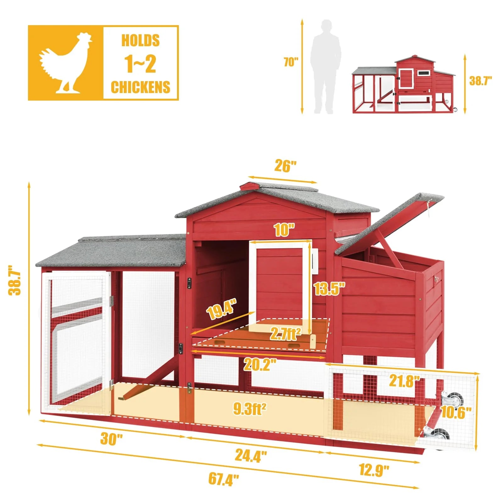 Side view of red chicken coop showing pull-out tray