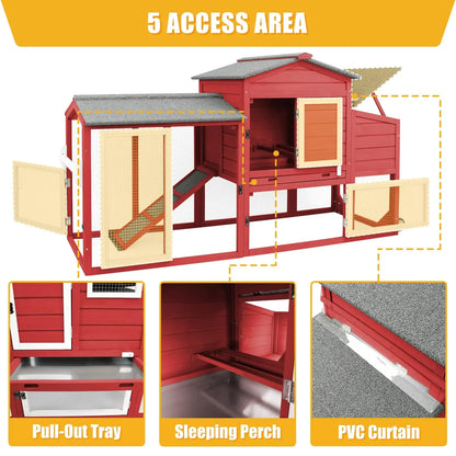 Red and white wooden coop with large living area