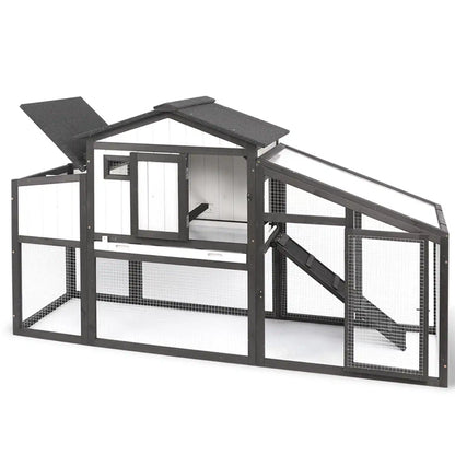 PETSCOSSET 65″L Chicken Coop with Run, Wooden Hen House with Nesting Box, UV Panel, Black