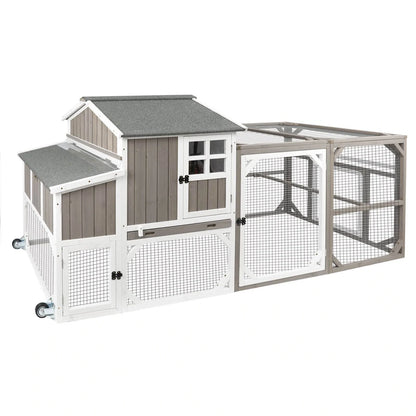 PETSCOSSET 95″ Large Chicken Coop Mobile Wooden Hen House with Nesting Box,with 6 Ventilation Door and Ramp,Grey